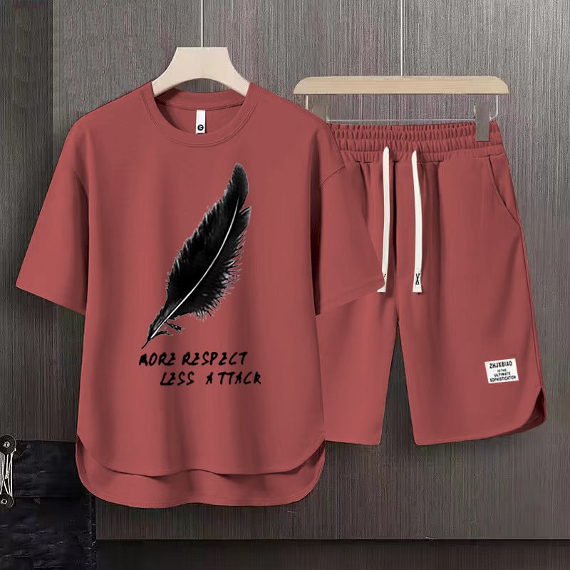 Men's Clothing 2024 Waffle Casual Summer Suit Men's Loose Teen Short sleeved T shirt Shorts Handsome Two piece Suit_desvips.com