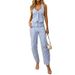 Women's Clothing New Casual Home Striped Print V neck Sleeveless Suit Pants_desvips.com