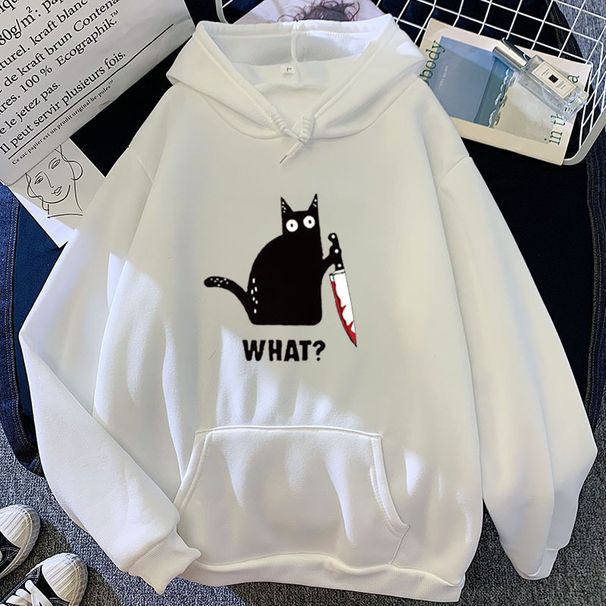 Autumn Winter New Candy Color Couple Matching Personalized Print What? Black Cat Graphic Hoodie Sweatshirt_desvips.com