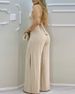 Women'S Beige halterneck lace patchwork slit jumpsuit_desvips.com