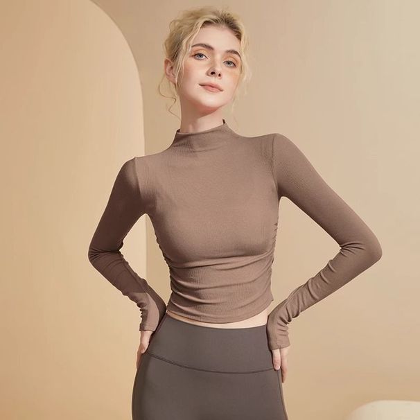 Fashionable High Neck Slimming Yoga Women's Stretch Fiess Clothes, Running Sports Tops, Autumn And Winter Styles,_desvips.com