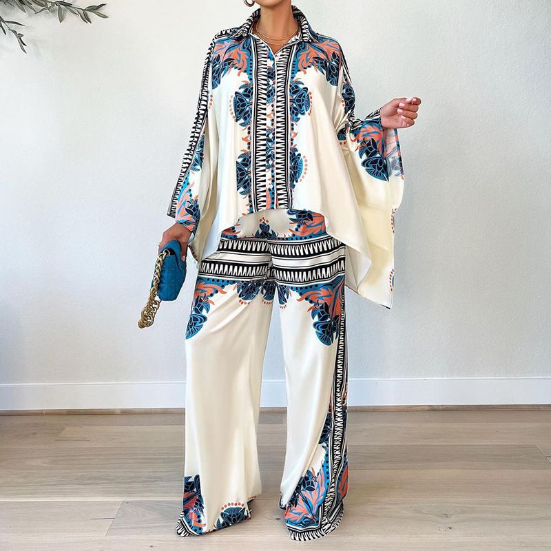 Women's clothing autumn new fashion printed lapel bat sleeve top loose trousers two-piece set_desvips.com