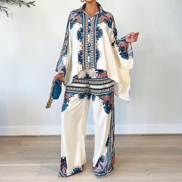 Women's clothing autumn new fashion printed lapel bat sleeve top loose trousers two-piece set_desvips.com