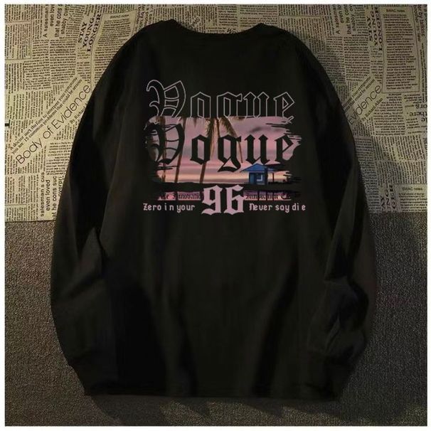 100% Cotton Trendy Brand Letter Print Cuffed Long Sleeve Vibe American Loose Street Versatile Base Shirt_desvips.com