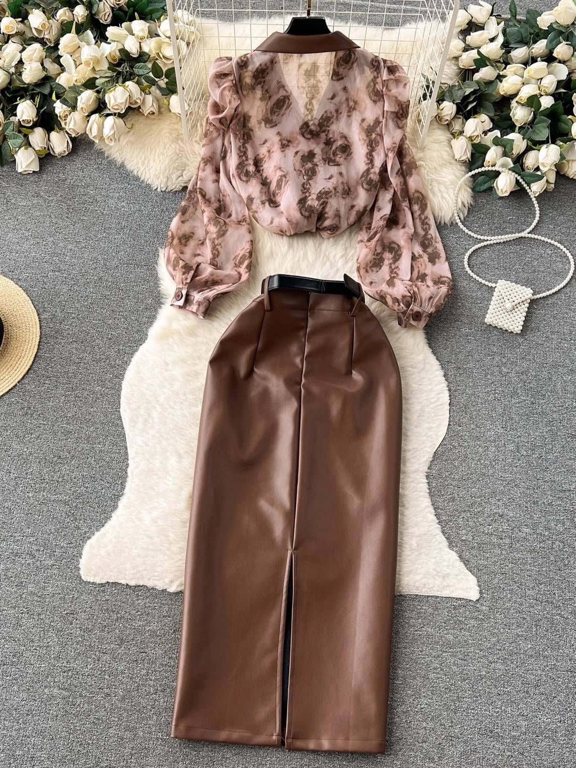 Women's Clothing collar floral chiffon shirt high waist tight PU leather skirt female high end outfit two piece suit_desvips.com