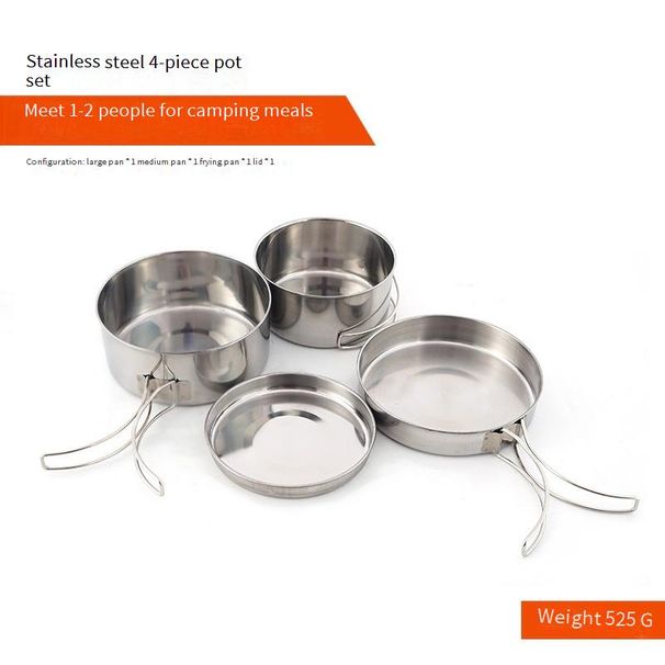 4-Piece Stainless Steel Camping Cookware Set - Lightweight & Compact For Hiking & Picnic (2-3 Person Portable Cooking Kit)_desvips.com