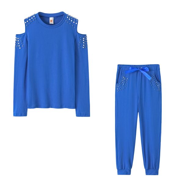 Women's Clothing Autumn Set Sexy Beaded Solid Color Round Neck Long Sleeve Set_desvips.com