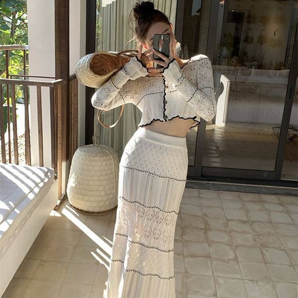 Women's Clothing hollow knitted top skirt two piece suit fashionable and age reducing temperament early spring wear a complete set_desvips.com