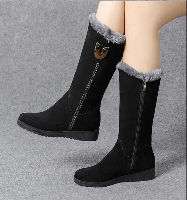 Winter all match snow boots women's shoes plus velvet thickened mid tube Martin boots wedge heel non slip warm side zipper cotton boots_desvips.com