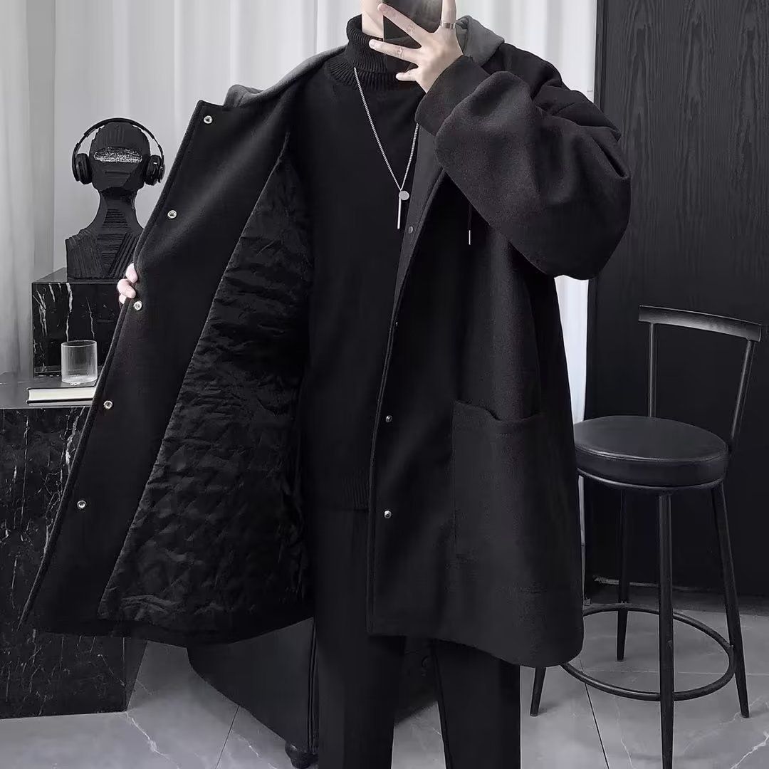 Padded Hooded Woolen Jacket Men's Mid-length Woolen Coat Men's Winter Thickened Black_desvips.com