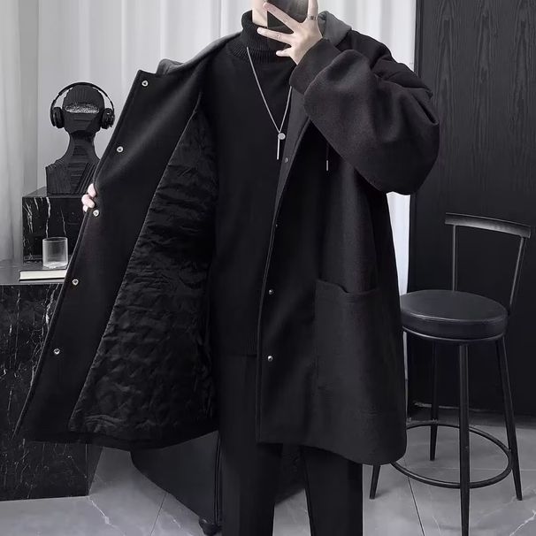 Padded Hooded Woolen Jacket Men's Mid-length Woolen Coat Men's Winter Thickened Black_desvips.com