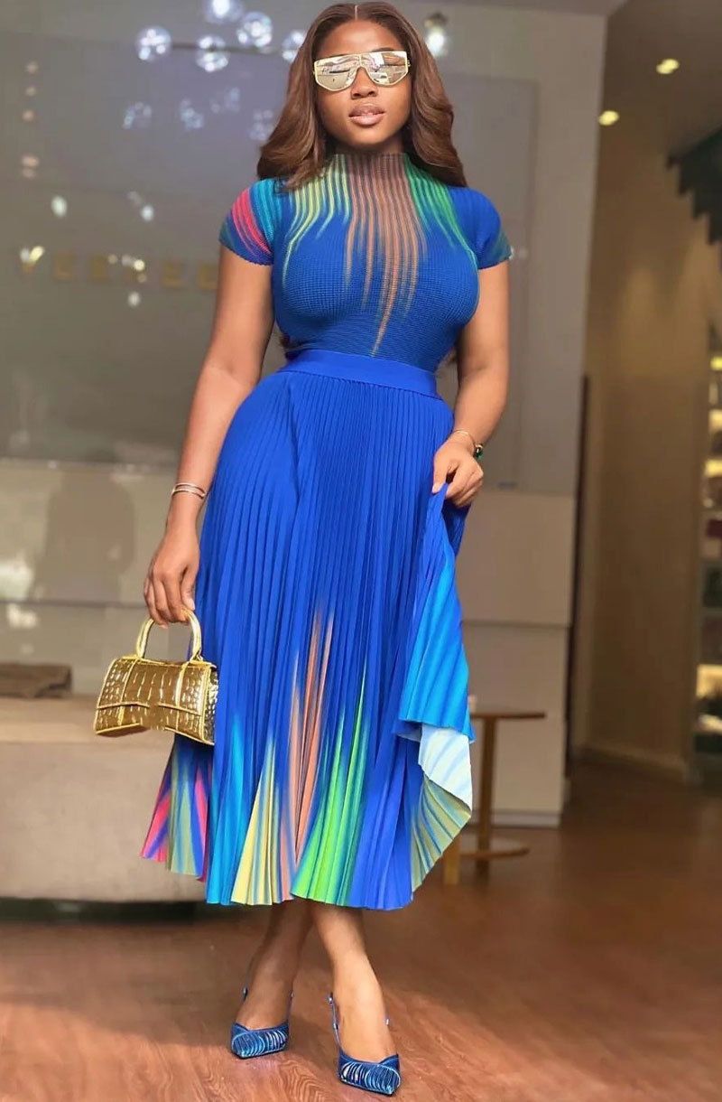 Women's Clothing spring and summer hot style printed short sleeved top half length pleated dress_desvips.com