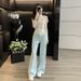 Blue Casual Sports Suit For Women, Summer 2026 New Fashion, Sweet Gentle Style, Top And Wide-leg Pants Two-piece Set_desvips.com