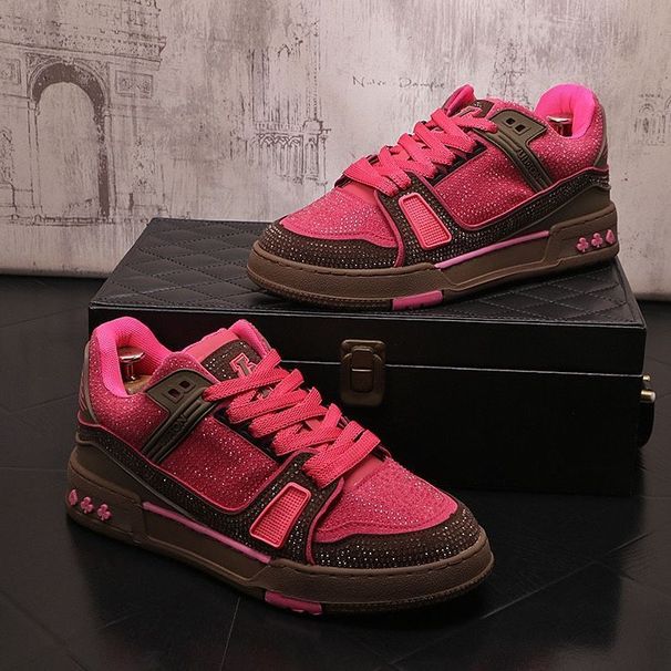 Pink Brown Full Rhinestone Poker Design Unisex Casual Sports Sneakers Summer Trendy Thick Sole Couple Shoes_desvips.com