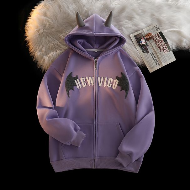 Towel Embroidered Cow Horn Cardigan Jacket Hoodie Women's Autumn Winter New Style Loose And Plush Thick Hooded Warm Top_desvips.com