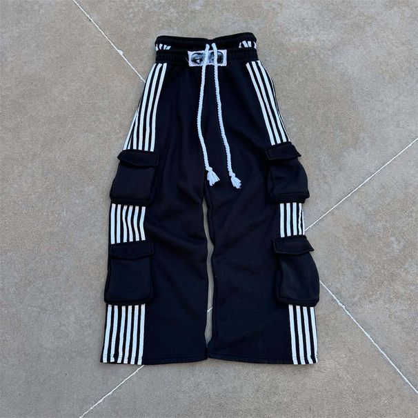 2026 Fashion European-USA Style Black/White Sweatpants Women/Men High Waist Lace-Up Double Waistband Striped Multi-Pocket Casual Loose Sport Long Pant_desvips.com