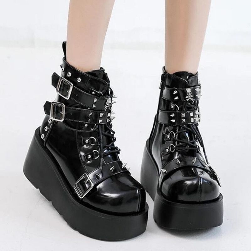 NEW Ladies Wedges High Heels Boots Metal Decor Buckle-Punk Platform Females Boots Party Gothic Street Woman Shoes Knight Boots_desvips.com