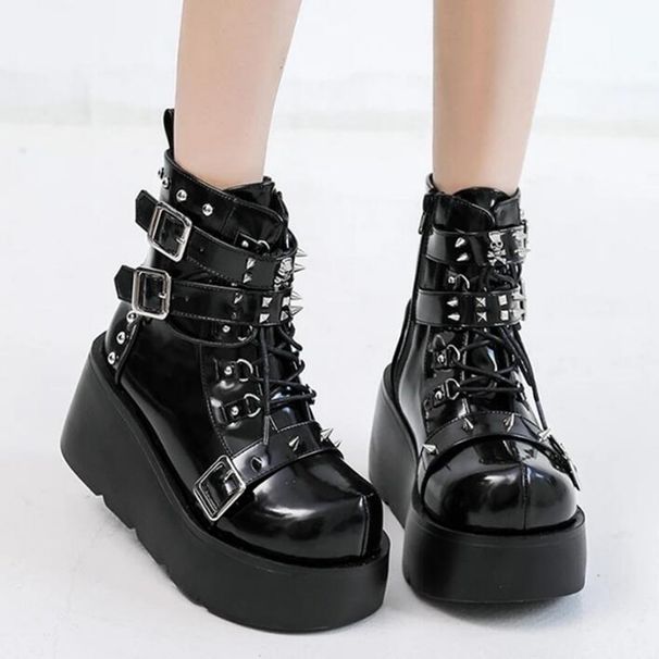 NEW Ladies Wedges High Heels Boots Metal Decor Buckle-Punk Platform Females Boots Party Gothic Street Woman Shoes Knight Boots_desvips.com