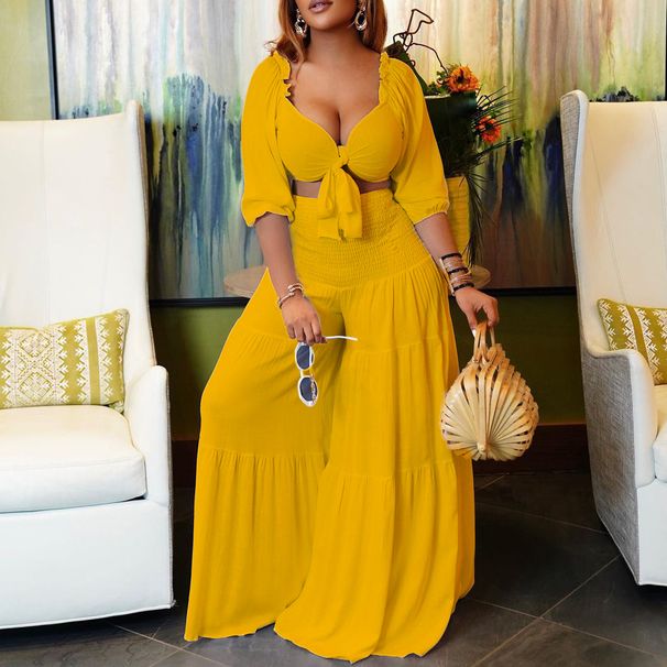 Women's Clothing women's summer fashion casual street suit pleated sexy solid color foreign trade two piece suit_desvips.com