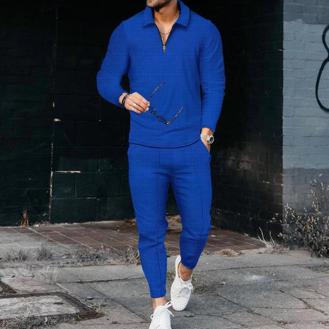 Men's Clothing texture suit long-sleeved polo suit sports pants fashion casual half zipper stand collar suit_desvips.com