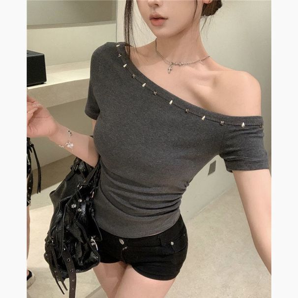 2025 Summer New Irregular Off-Shoulder Rivet Short-Sleeve T-Shirt Women, Slim-Fit Short Top In European And American_desvips.com
