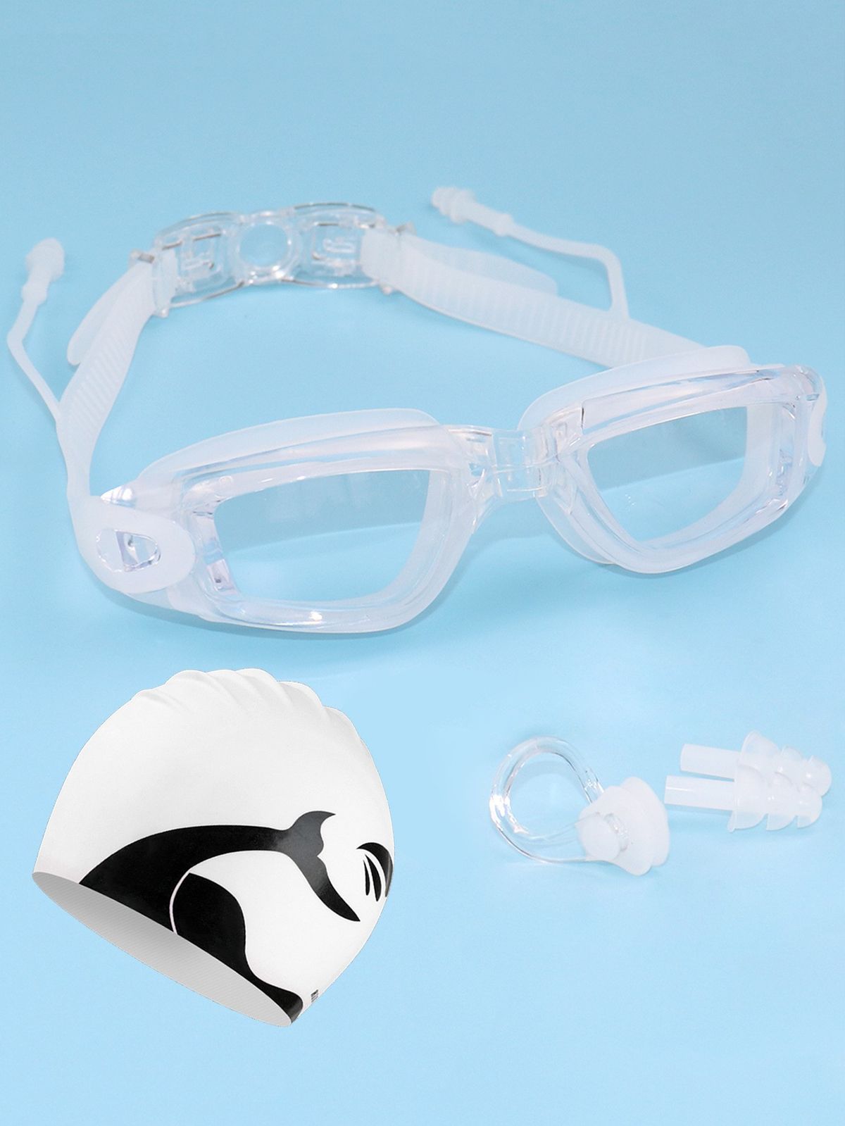 Silicone Anti Fog Swimming Goggles + Silicone Nose Clip Earplugs + Silicone Fishtail Cap 5 Piece Set_desvips.com