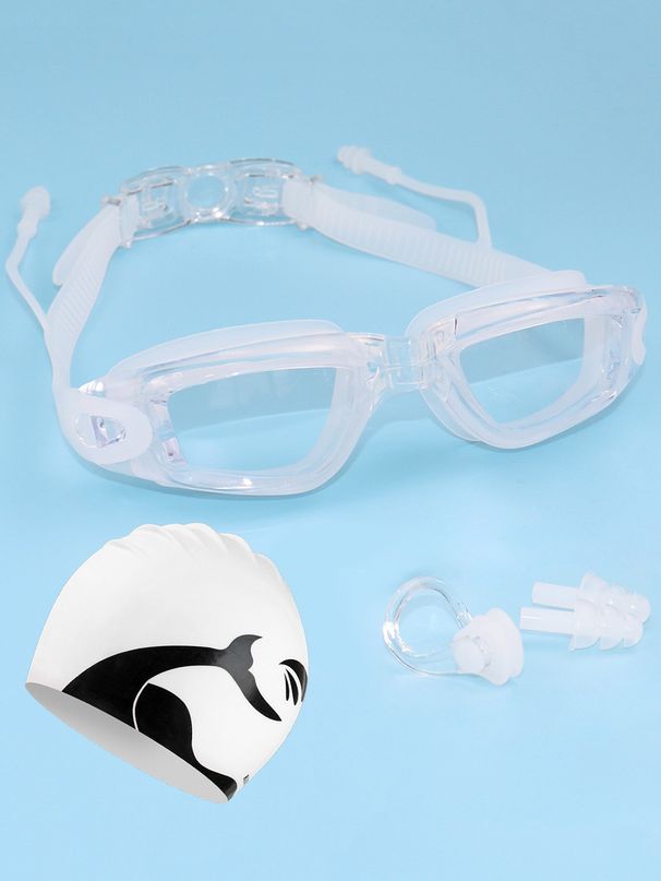 Silicone Anti Fog Swimming Goggles + Silicone Nose Clip Earplugs + Silicone Fishtail Cap 5 Piece Set_desvips.com