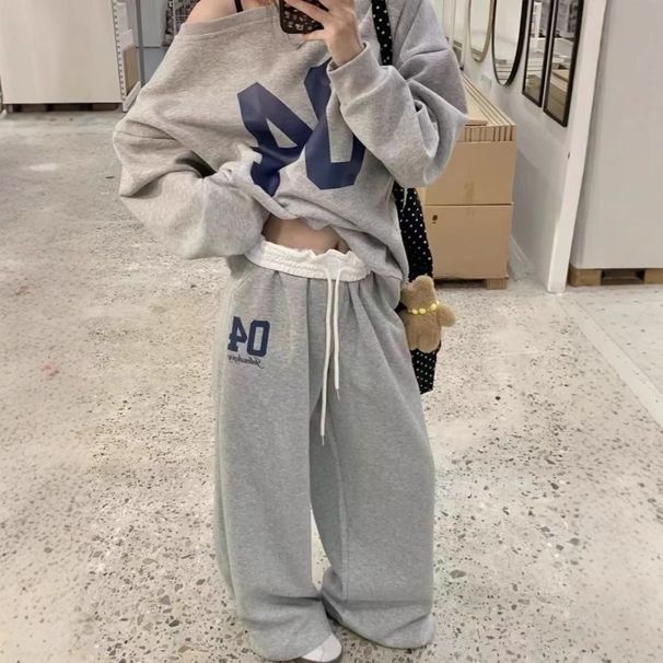 American Prined Off Shoulder Long Sleeved Sweashir Spors Sui Women's Auumn Casual Wide Leg Pans Gray Wo-piece_desvips.com