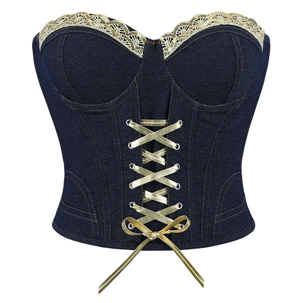 New Strapless Corset Top Women Sexy Overbust Bustiers Blue Black Denim Steel Boned Push Up Bra Cincher Shaper Lingerie_desvips.com