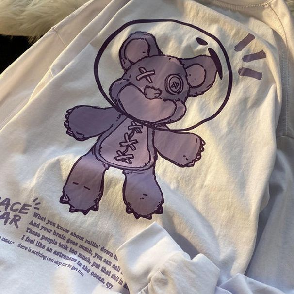 100% Cotton Autumn Trendy American Street Style Cartoon Bear Long Sleeve T-Shirt Unisex Base Shirt Ins Trend_desvips.com