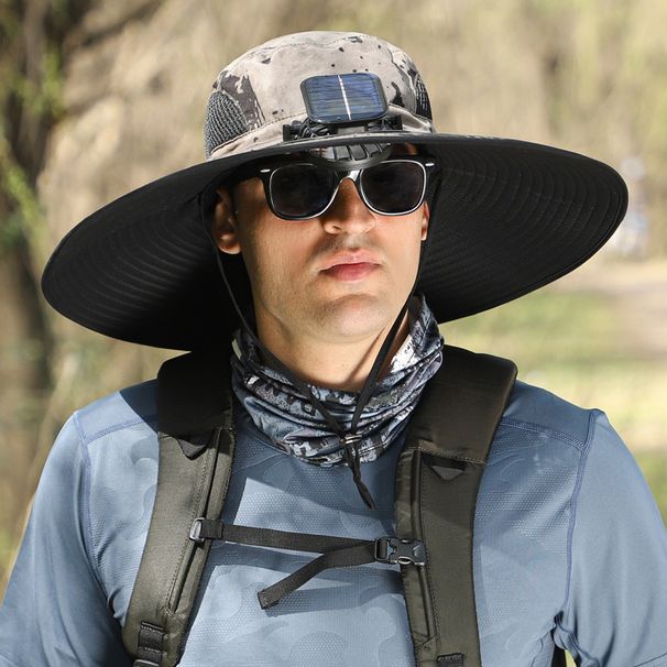 Outdoor Small Fan Solar Rechargeable Embedded Hat Summer Men's Large Brim Sun Hat Leisure Fishing Hat Quick Drying_desvips.com