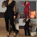 Women's Clothing new solid color V neck mesh slim long sleeved jumpsuit trousers large stock_desvips.com