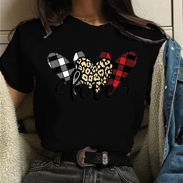 Foreign Trade Heart-Shaped Leopard Print Women's Printed European Size Short Sleeve Round Neck Casual Fashion Ladies_desvips.com