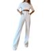 french lace hollow out women's outfit blouse and pants set with elegant embroidery detachable buttonup top and highwaisted trousers_desvips.com