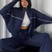 Women's Clothing leisure suit long sleeved half high collar cardigan sweater lace up striped trousers_desvips.com