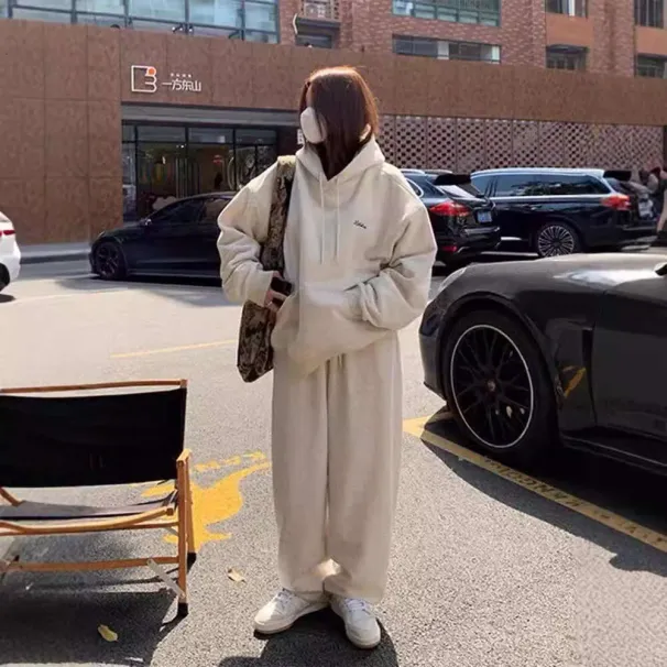 Lazy Style Sports Outfit For Women, Autumn Student Loose Korean Fashion Hooded Sweatshirt And Wide-Leg Pants Two-Piece_desvips.com