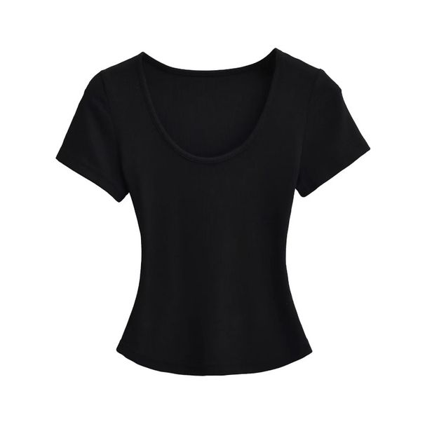 U-neck Short-sleeve T-shirt Women, Summer 2026 New Korean Version, Modal Ribbed, Regular Shoulder, Slim Fit, Solid Color_desvips.com