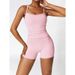 VoleFox Two Pieces Women's Solid Backless Tracksuit Set, Spaghetti Strap Cami Top & High Waist Skinny Shorts, Ladies Sportswear, Summer Outfits 2024_desvips.com