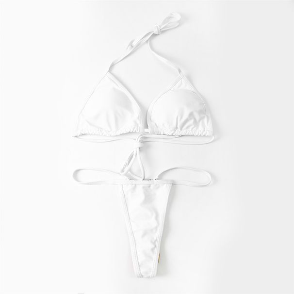 Women's Sexy Small Chest Gathered Halter Three-Point Fashion Letter Drawstring Bikini Vacation Swimsuit_desvips.com