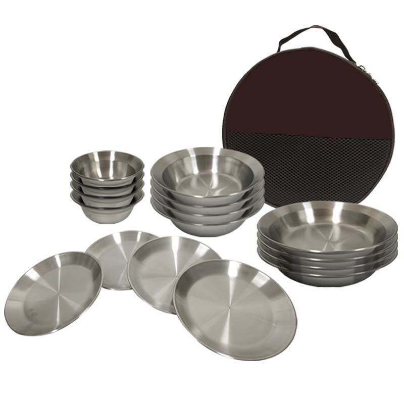 Outdoor Stainless Steel Dinner 16-Piece Set Tableware Portable For Road Trips Camping Barbecue Plates Household Soup_desvips.com