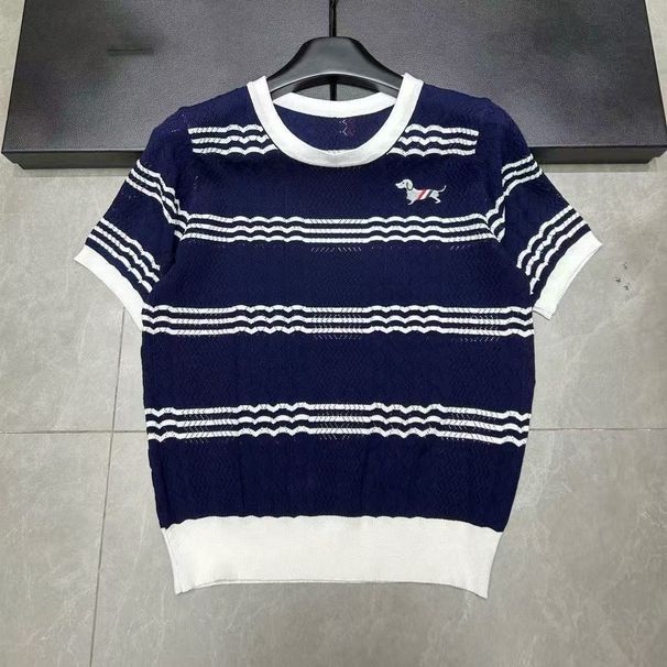 Short Sleeve Color Block Ice Silk Knit Top Summer New Pullover Hollow Out Versatile Striped Elegant Embroidered Blouse_desvips.com