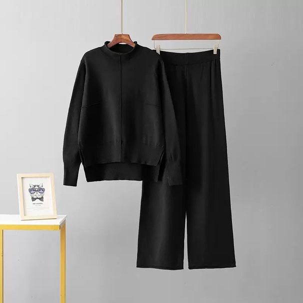 Autumn Winter New Wide-Leg Pants Loose Casual High-Neck Sweater Knitted Fashion European And American Two-Piece Set For_desvips.com