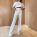 french lace hollow out women's outfit blouse and pants set with elegant embroidery detachable buttonup top and highwaisted trousers_desvips.com