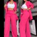 Women's Clothing Elegant Solid Color Split Sleeve Lapel Suit Pocket Straight Pants Suit_desvips.com