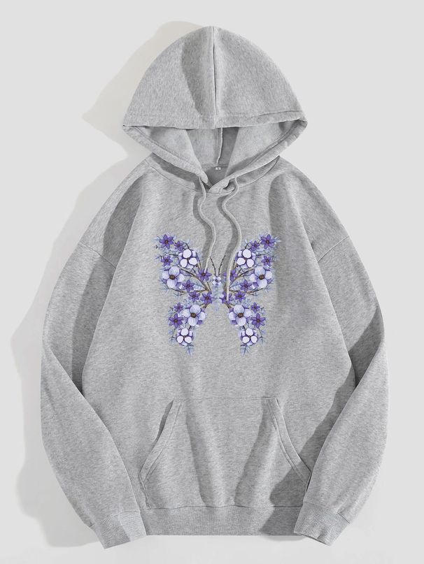Women's Hoodie Long Sleeve Hoodies & Sweatshirts Printing Pocket Casual Flower Butterfly_desvips.com