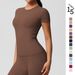 Women's Solid Color Double Sided Brushed Tight Fitting Short Sleeve T-Shirt for Sports Running Fitness Yoga_desvips.com