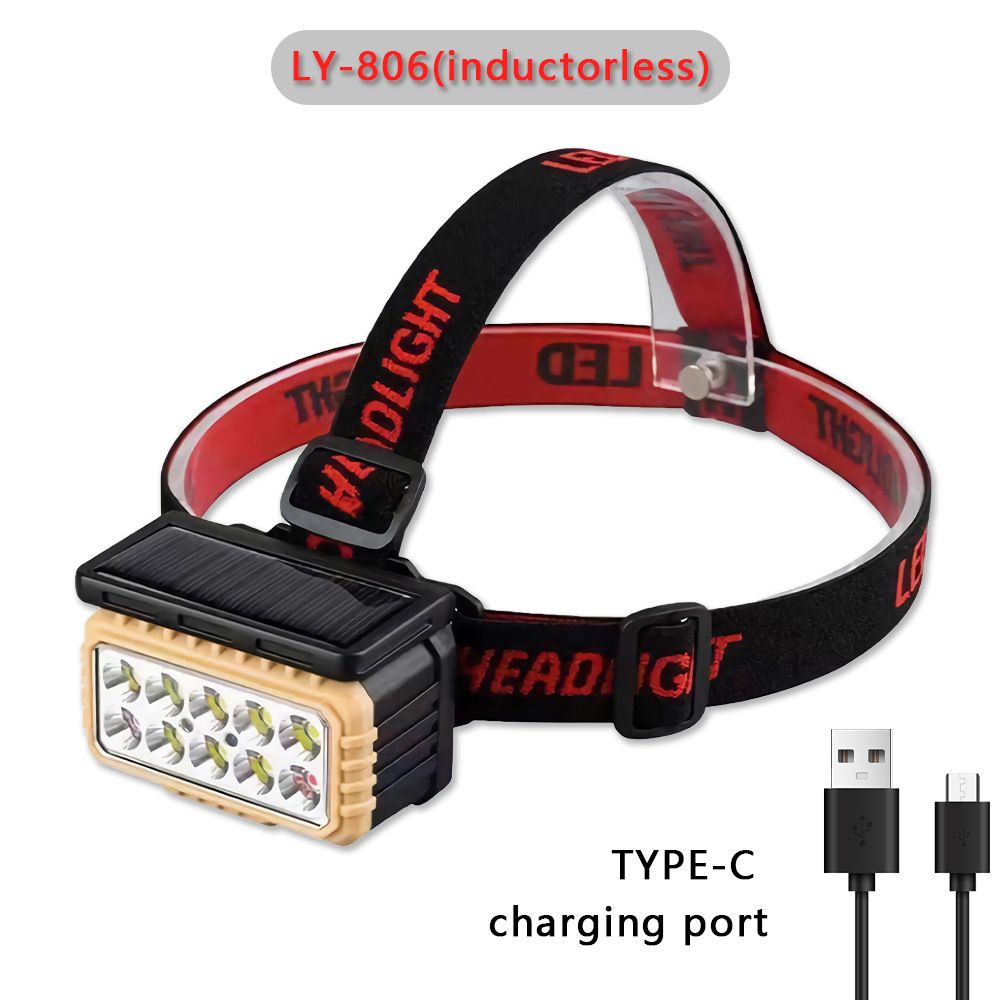 Solar sensor headlight type-c charging LED night fishing running headlight COB red and white power display_desvips.com