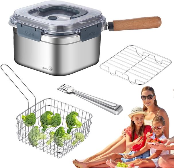 7-Piece 2500ml Silver Camping Cookware Set - Multifunctional Deep Fryer Pot, Ideal For Backpacking And Camping Adventures_desvips.com