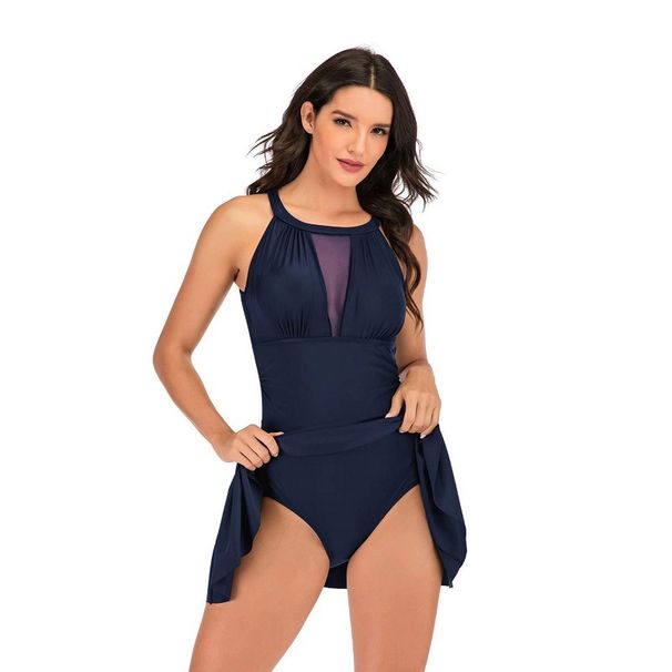One-piece Conservative Skirt Bikini Solid Color Lace Mesh Stitching Plus Size Swimsuit Woman_desvips.com