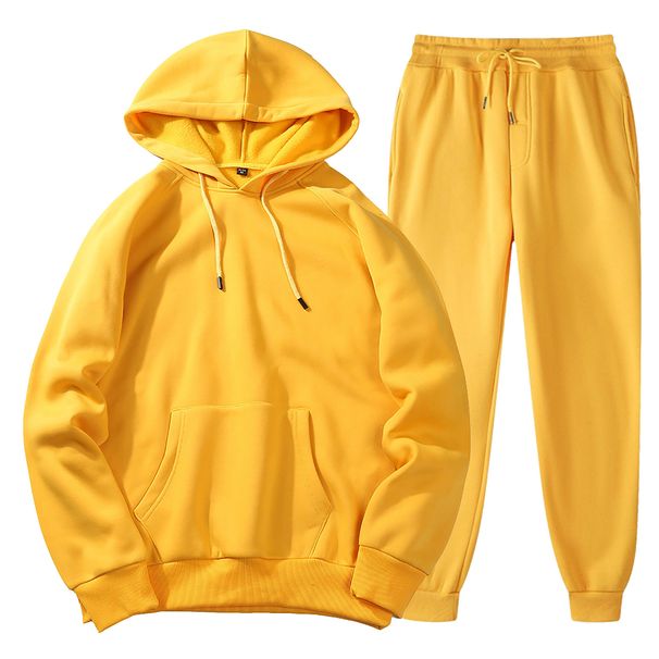 Women's Clothing Autumn and winter men's hooded solid color light plate pullover sweatshirt set casual sports hoodie sweatshirt trousers two piece set_desvips.com